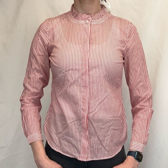 Talbots Women's Sheer Striped Blouse White Red XS Extra Small Button Closure Top - Picture 1 of 16